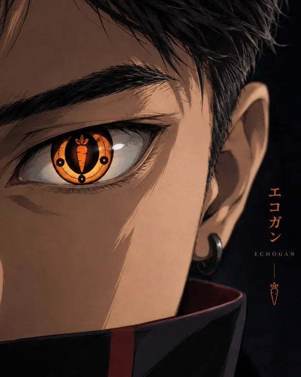 Extreme close-up of Caleb's face filling the left of the frame, his iris a carrot-shaped gold mark ringed with dark tomoe, a black high-collared jacket at his throat and a stud earring catching the light, with the vertical lockup エコガン beside him.