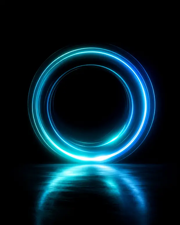 A cyan light ring reflected on a glossy black floor.
