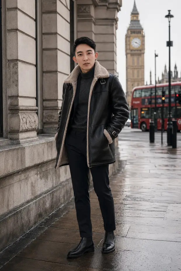 A man in a black leather coat stands on a wet London pavement near a red bus.