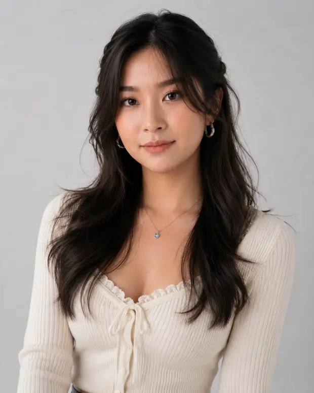 A woman in a cream tie-front top faces the camera against a pale studio background.