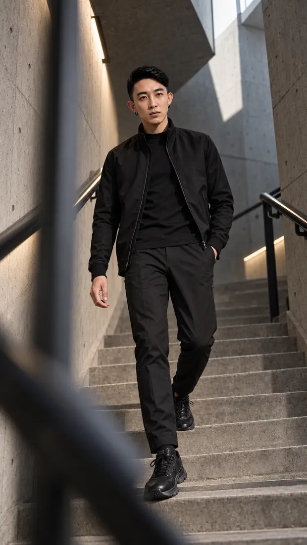 A man in an all-black outfit descends a narrow concrete stairwell.