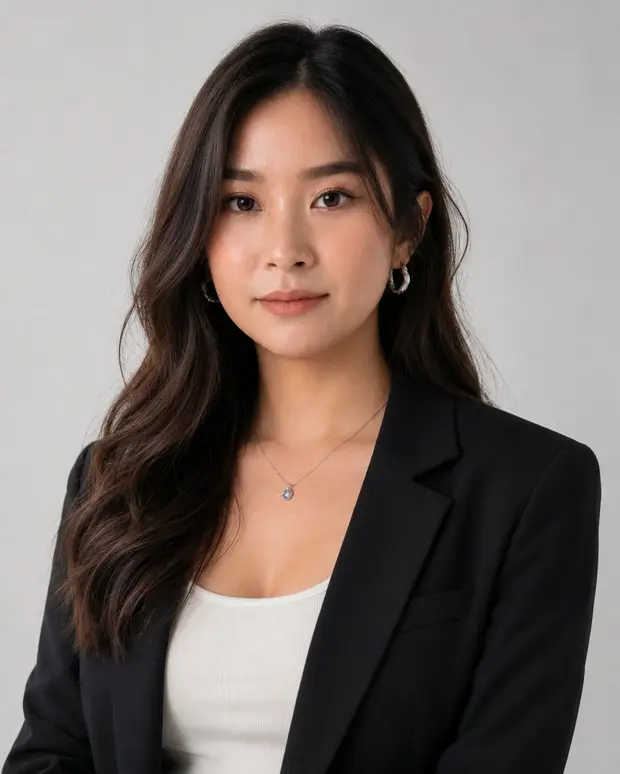 A woman in a black blazer and white top faces the camera against a light grey background.