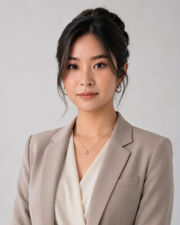 A woman with tied-back hair wears a taupe blazer over a white blouse in a studio portrait.