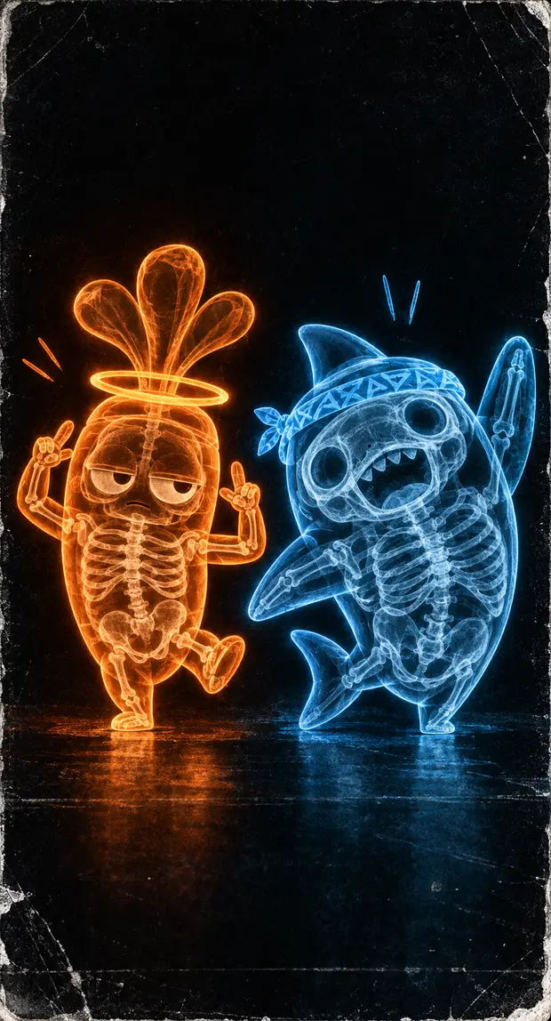 Glowing orange and blue skeletal line drawings of Lebmeister and Ripple stand on a worn black background.