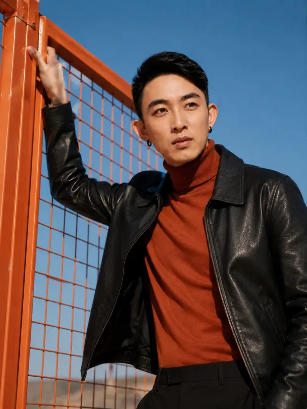 A man in a black leather jacket and orange turtleneck rests one hand on an orange wire fence.