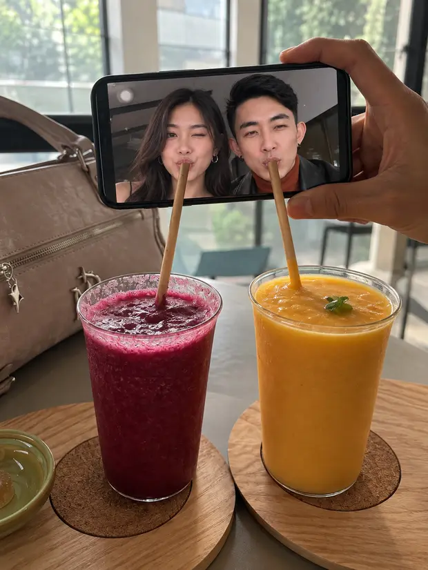 A phone displays a smiling couple behind two brightly coloured drinks with straws on a cafe table.