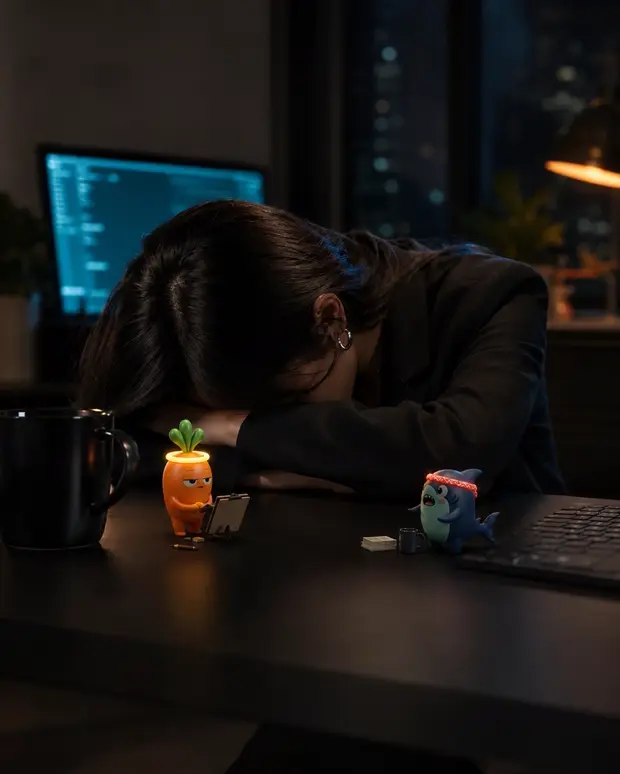 A man rests his head on a desk between a coffee mug, small Lebmeister and Ripple figures, and computer screens.