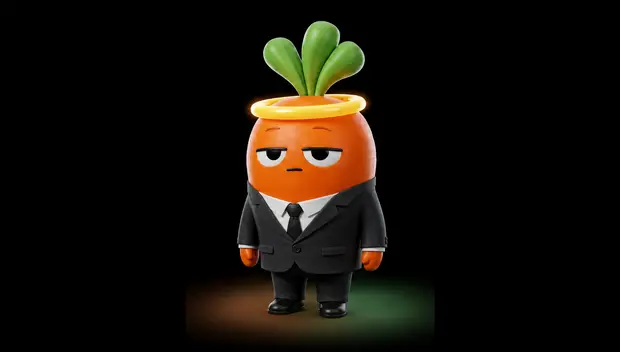 Lebmeister, an orange carrot with green leaves and a gold halo, wears a black suit and tie.