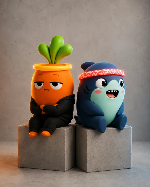 Lebmeister and Ripple sit side by side on concrete blocks against a grey studio wall.