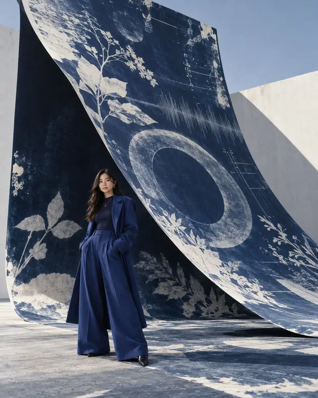 A woman in a blue outfit stands beneath a huge curved backdrop of white botanical prints on blue.