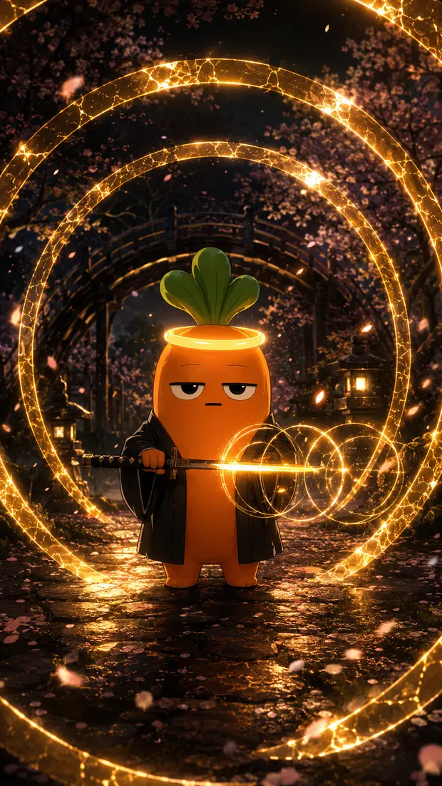 Lebmeister stands inside a tunnel of glowing golden rings, sparks and reflections.