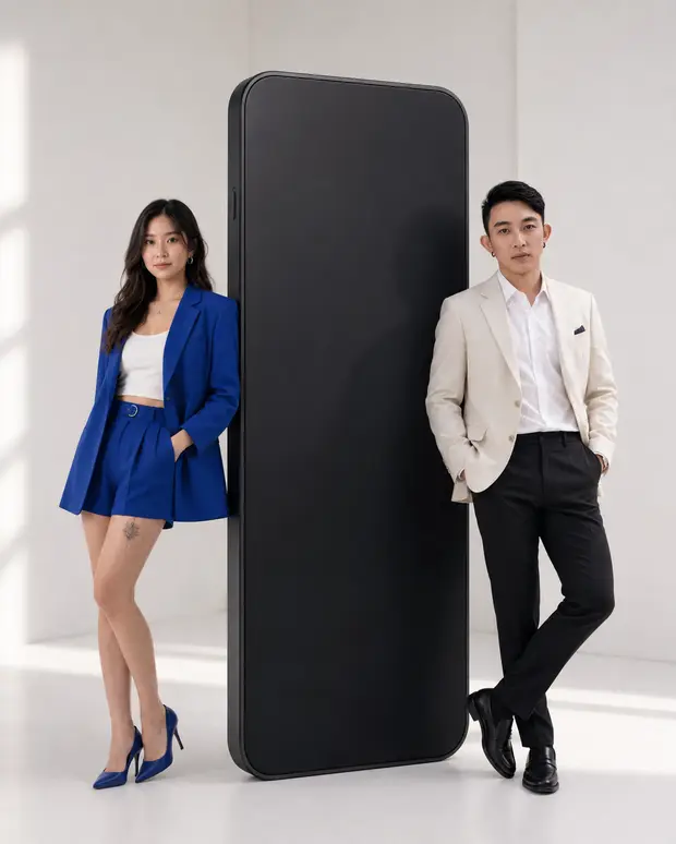 A woman in blue and a man in a cream jacket stand on either side of an oversized black phone.