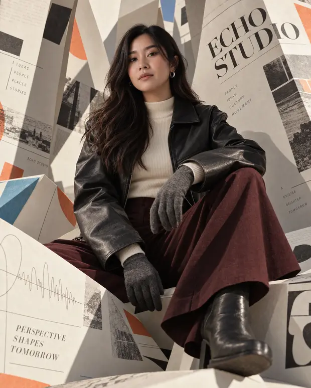 A woman in a leather jacket and burgundy skirt sits among oversized Echo Studio newspaper-style pages.