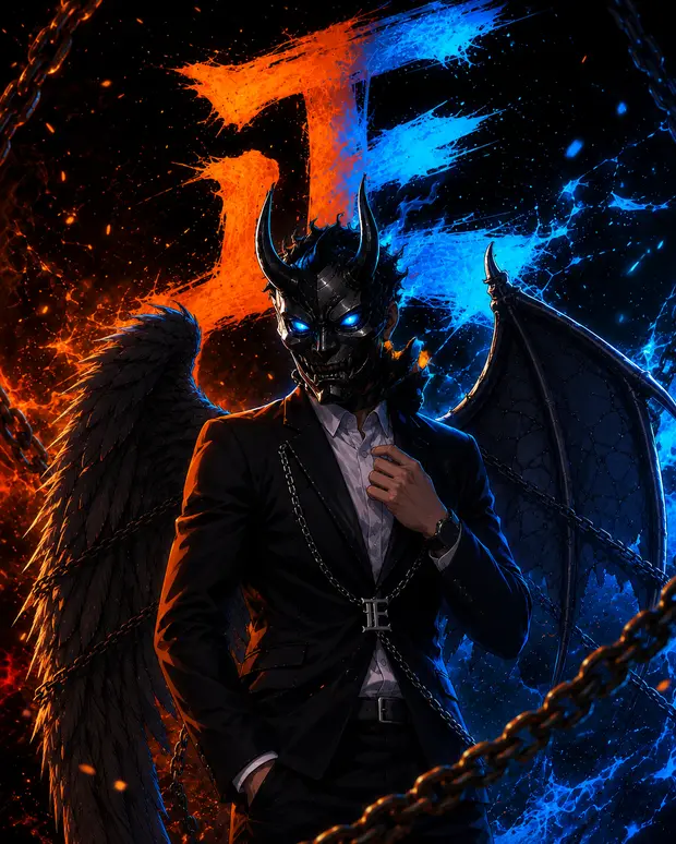 An illustrated figure in a suit and horned mask stands between dark wings amid orange-blue energy and chains.