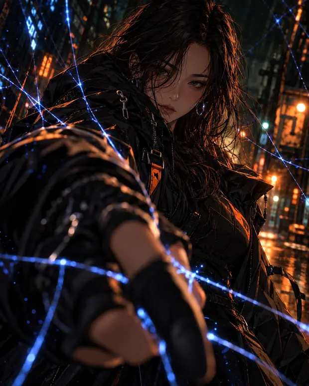 An illustrated woman reaches toward the viewer through glowing blue threads in a dark rainy city.