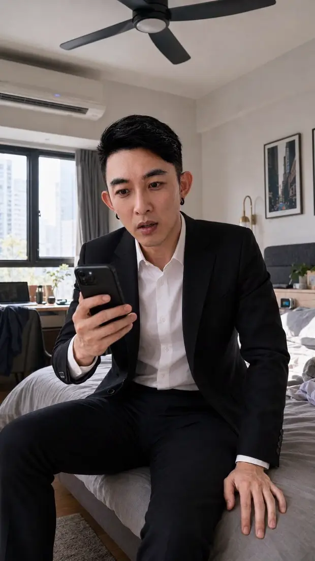 A man in a black suit sits on the edge of a bed looking at his phone.