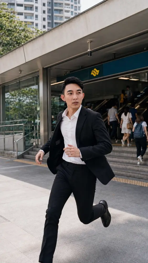 A man in a black suit runs past a transit-station entrance with his jacket flying open.