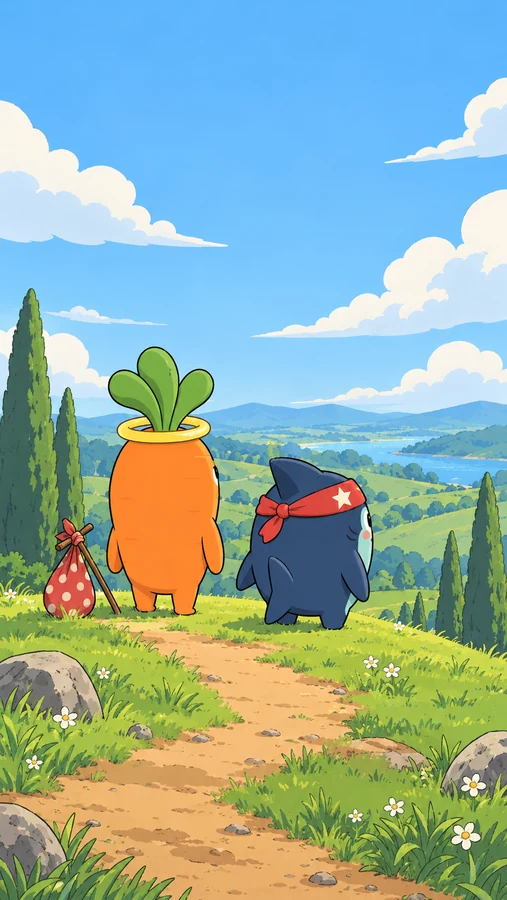 Lebmeister carries a spotted bindle beside Ripple on a dirt path winding through green hills under a bright cartoon sky.