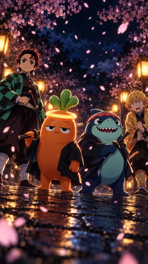 Lebmeister and Ripple stand with Tanjiro and Zenitsu on a wet lantern-lit street beneath cherry blossoms.