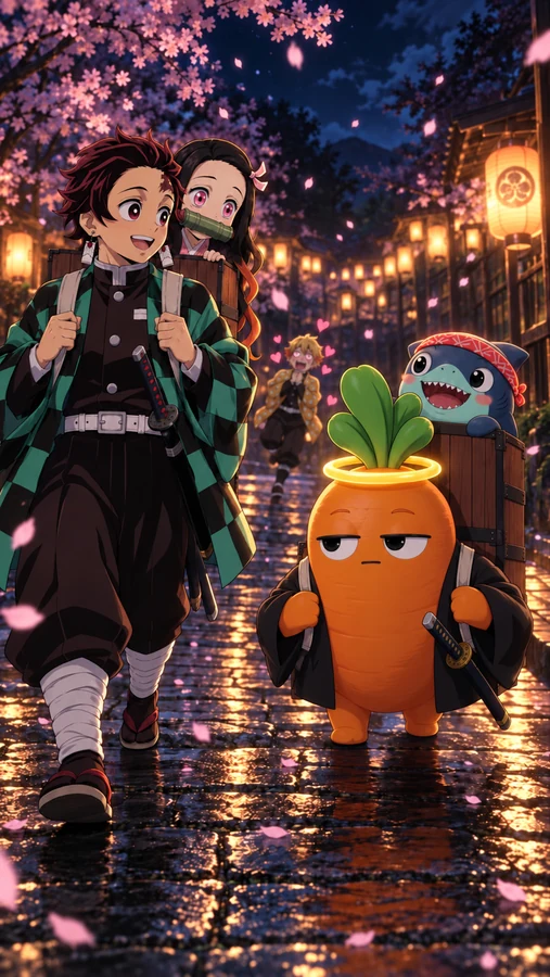 Tanjiro walks a wet lantern-lit street with Nezuko looking over his shoulder, while Lebmeister carries a wooden box on his back beside Ripple.