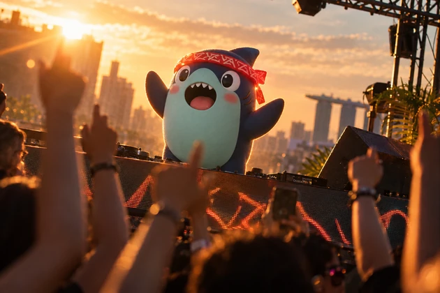 Ripple raising his fins above a rooftop crowd at sunset.