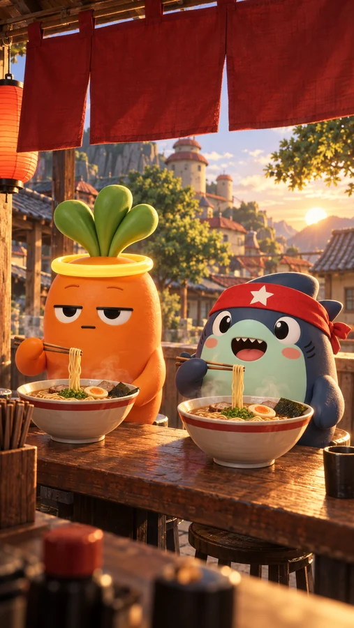 Lebmeister and Ripple sit at a ramen counter under red banners eating noodles in a Hidden Leaf village street at sunset.