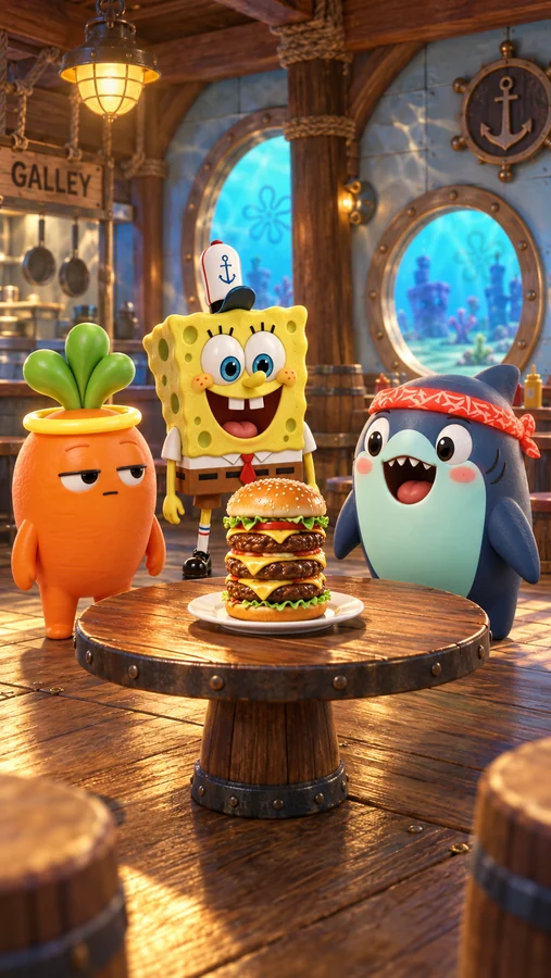 Order up — Lebmeister, Ripple, SpongeBob.