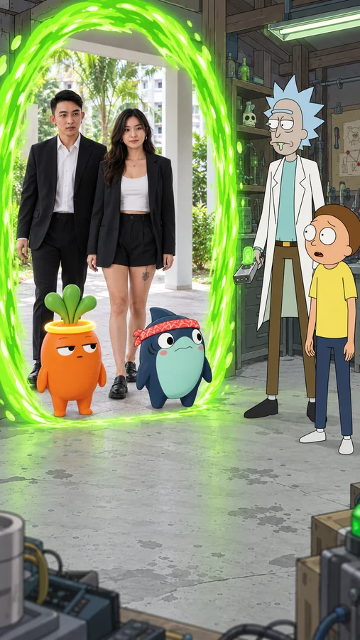 Caleb and Ariel stand as photographs inside a green portal ring, with drawn Rick, Morty, Lebmeister and Ripple around them.